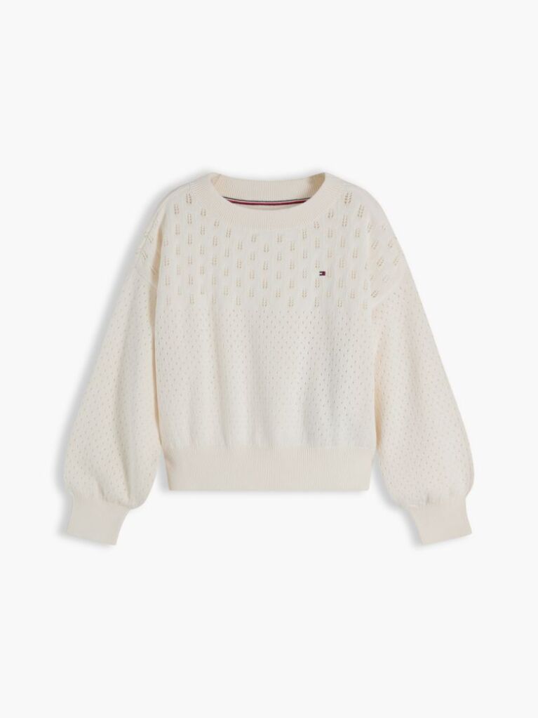 Beige Pointelle Relaxed Balloon Sleeve Jumper  Girls