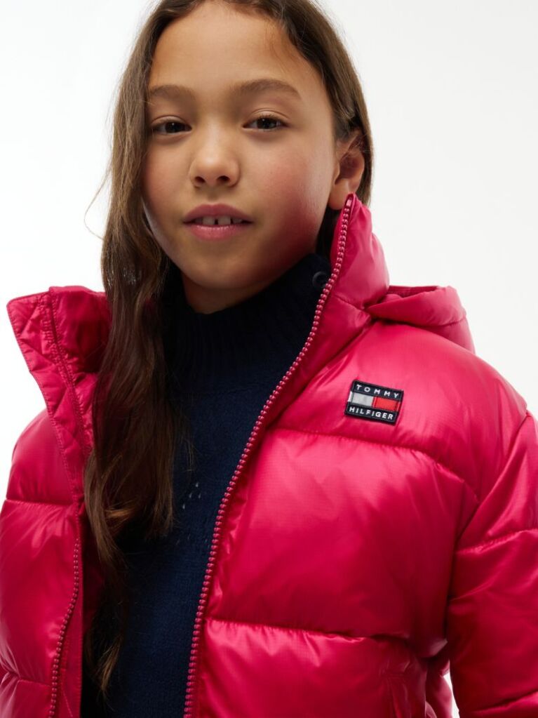 Red Heritage Shiny Relaxed Hooded Puffer Jacket  Girls