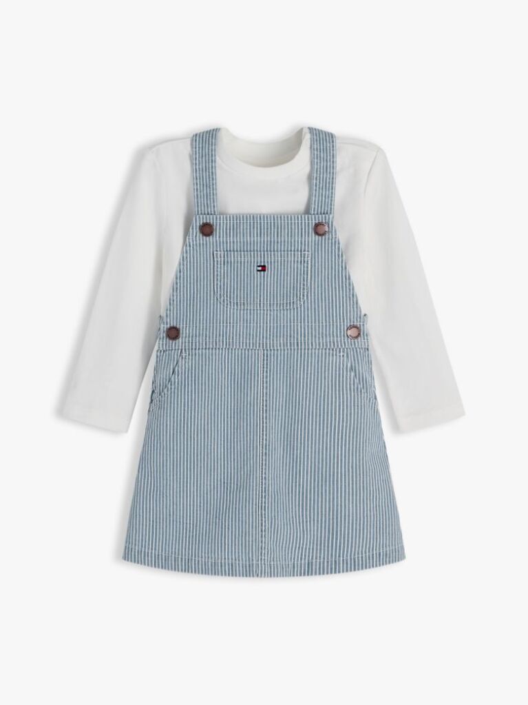 Multi Denim Stripe Dungaree Dress And T-Shirt Set  Newborn