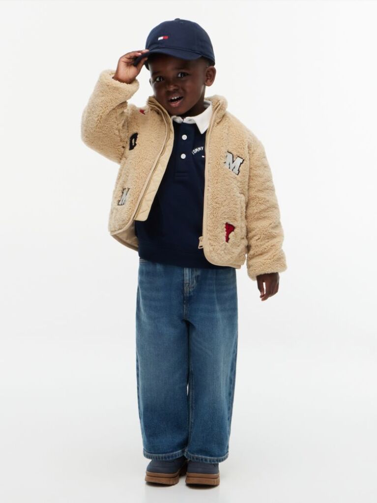 Beige Varsity Logo Patch Teddy Jacket  Kids Unisex