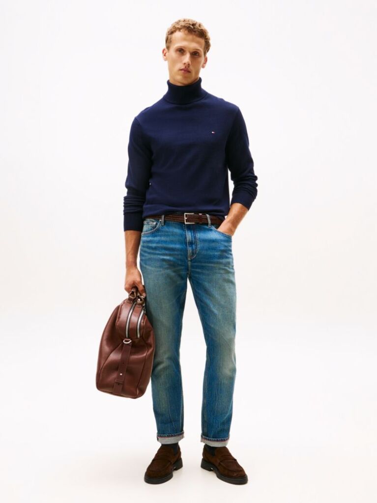 Blue Jumper Din Bumbac Si Casmir Roll Neck  Barbati
