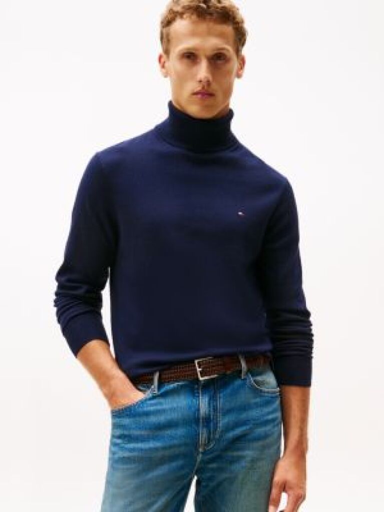 Blue Jumper Din Bumbac Si Casmir Roll Neck  Barbati