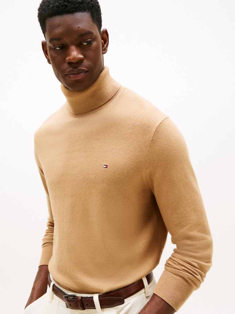 Brown Cotton Cashmere Roll Neck Jumper  Men