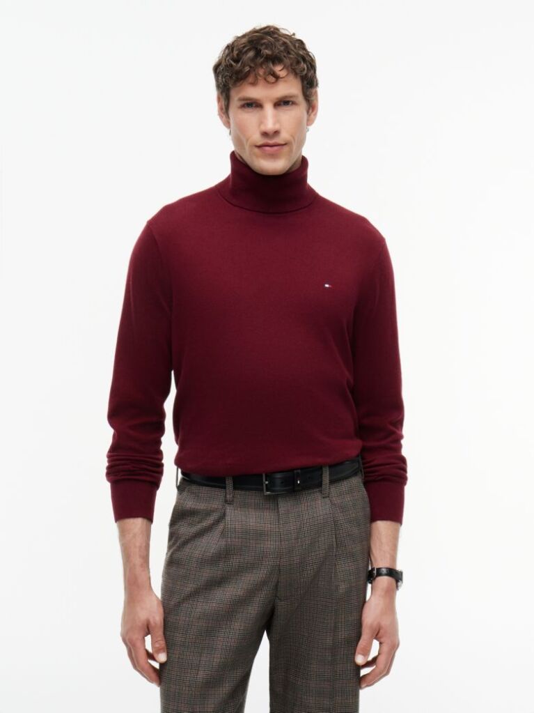 Rosu Jumper Din Bumbac Si Casmir Roll Neck  Barbati