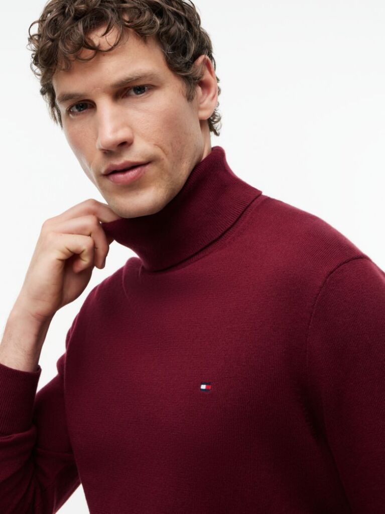 Rosu Jumper Din Bumbac Si Casmir Roll Neck  Barbati