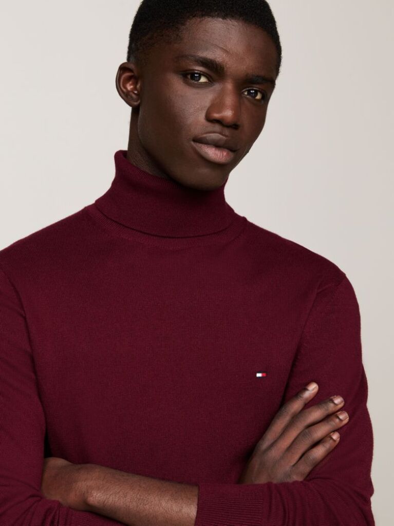 Rosu Jumper Din Bumbac Si Casmir Roll Neck  Barbati