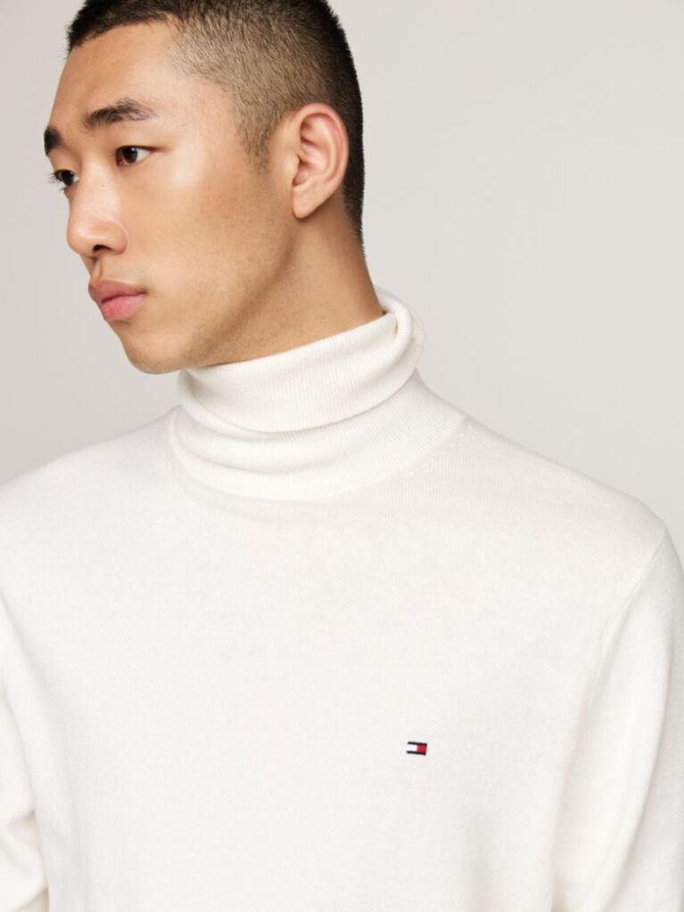 White Cotton Cashmere Roll Neck Jumper  Men