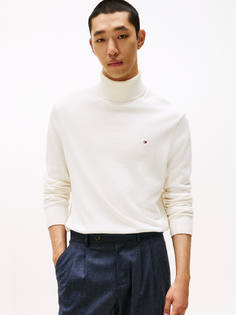 Beige Cotton Cashmere Roll Neck Jumper  Men