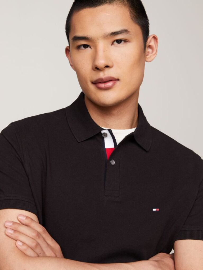 Black Tipped Placket Flag Embroidery Polo  Men