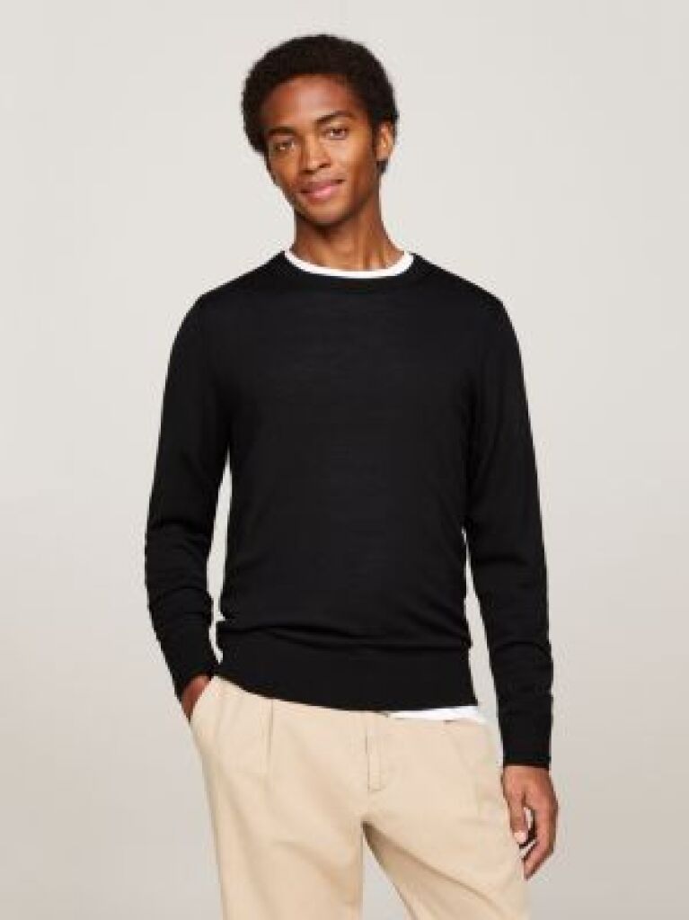 Black Smart Casual Fine Merino Wool Jumper  Men