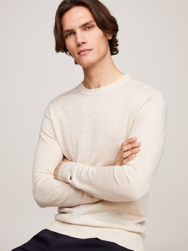 Beige Smart Casual Fine Merino Wool Jumper  Men