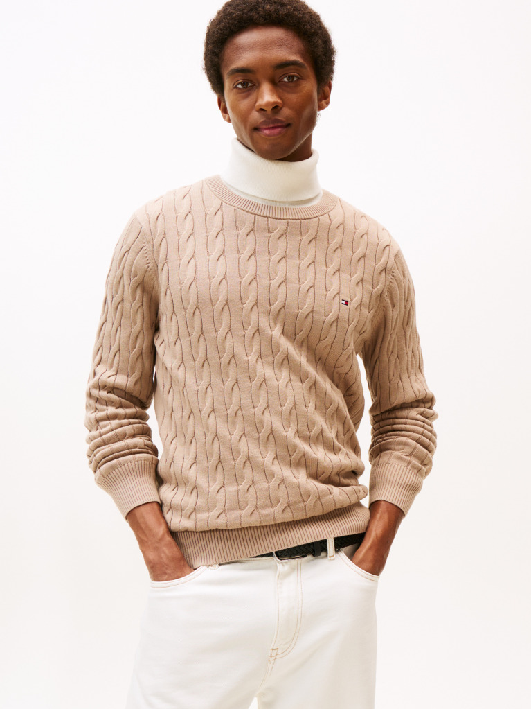 Bej Jumper Cu Guler Rotund Din Tricot  Barbati
