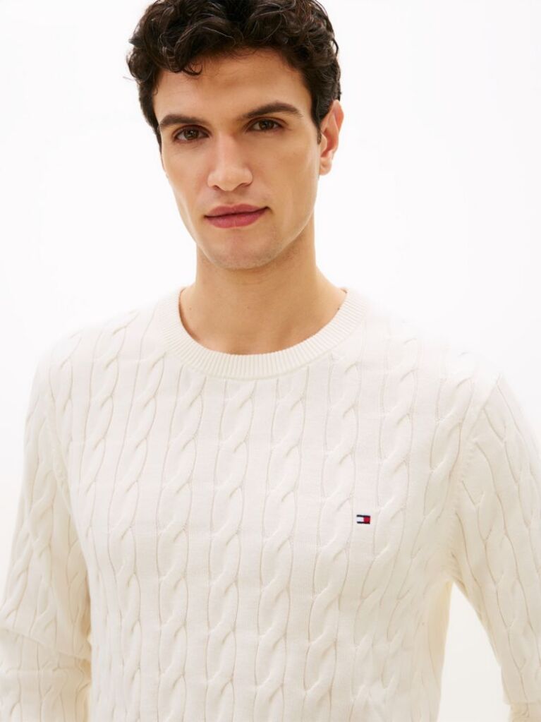 Beige Cable Knit Crew Neck Jumper  Men