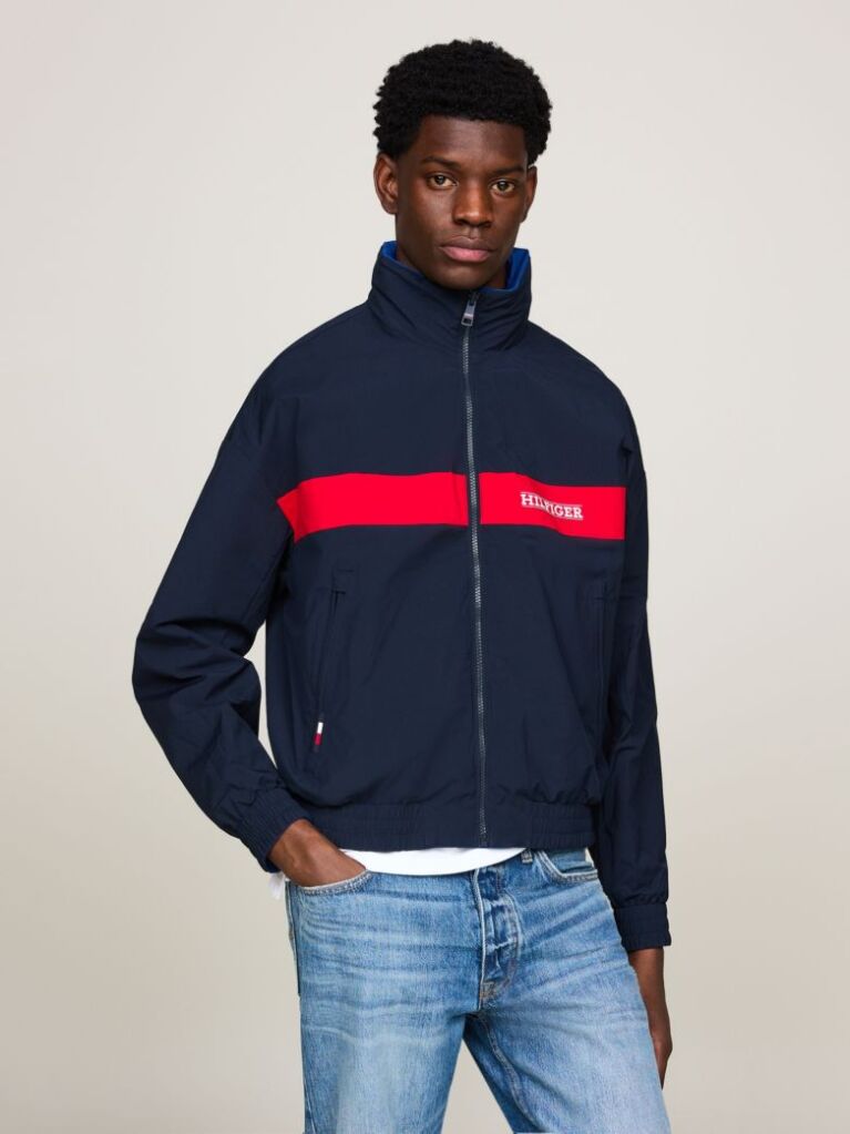 Blue Stand Collar Water Resistant Reversible Windbreaker Jacket  Men
