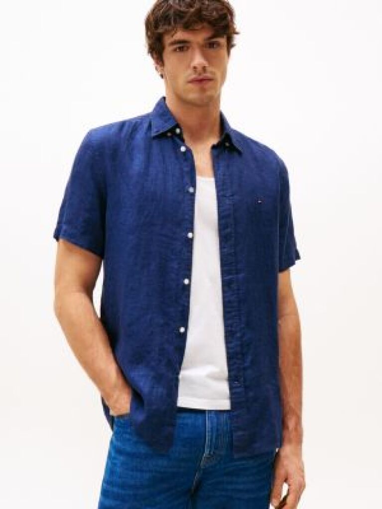 Blue Short Sleeve Regular Fit Linen Shirt  Men