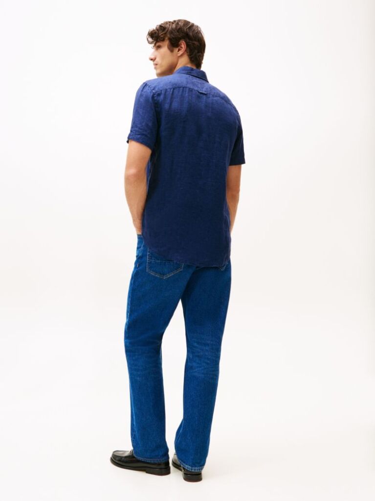 Blue Short Sleeve Regular Fit Linen Shirt  Men