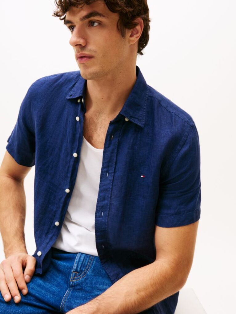 Blue Short Sleeve Regular Fit Linen Shirt  Men