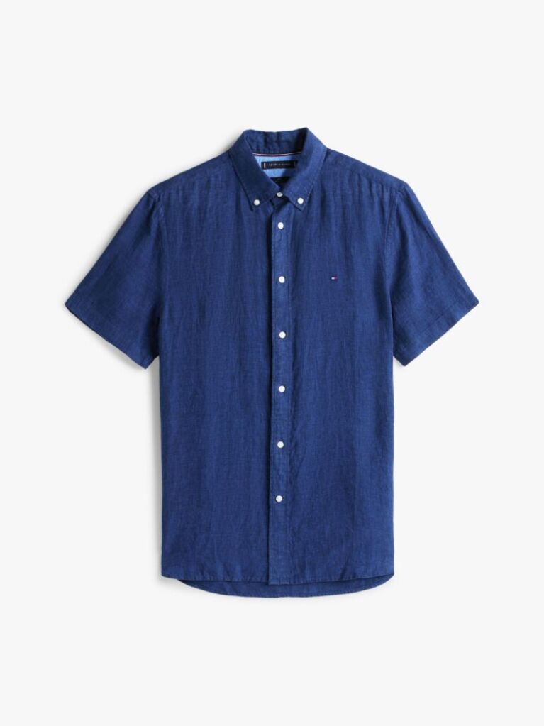 Blue Short Sleeve Regular Fit Linen Shirt  Men