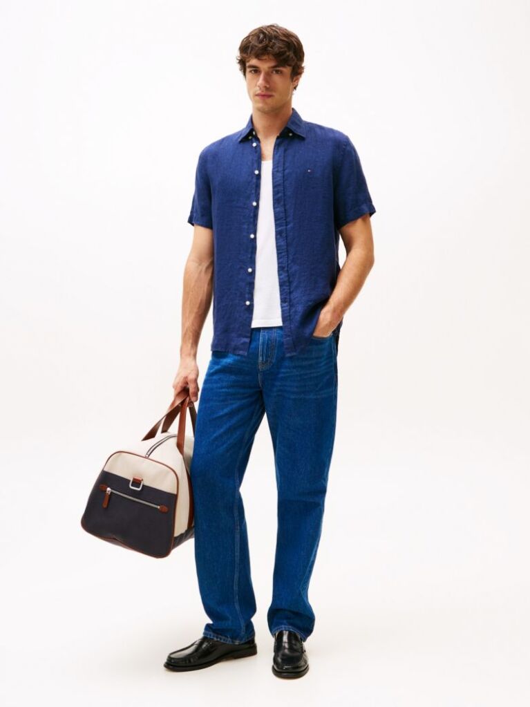 Blue Short Sleeve Regular Fit Linen Shirt  Men