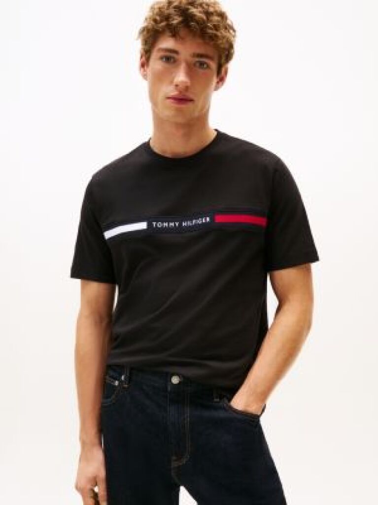 Negru Tricou Cu Guler Rotund Si Panou Cu Logo  Barbati