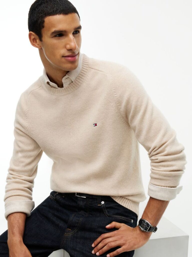 Beige Pure Lambswool Crew Neck Jumper  Men