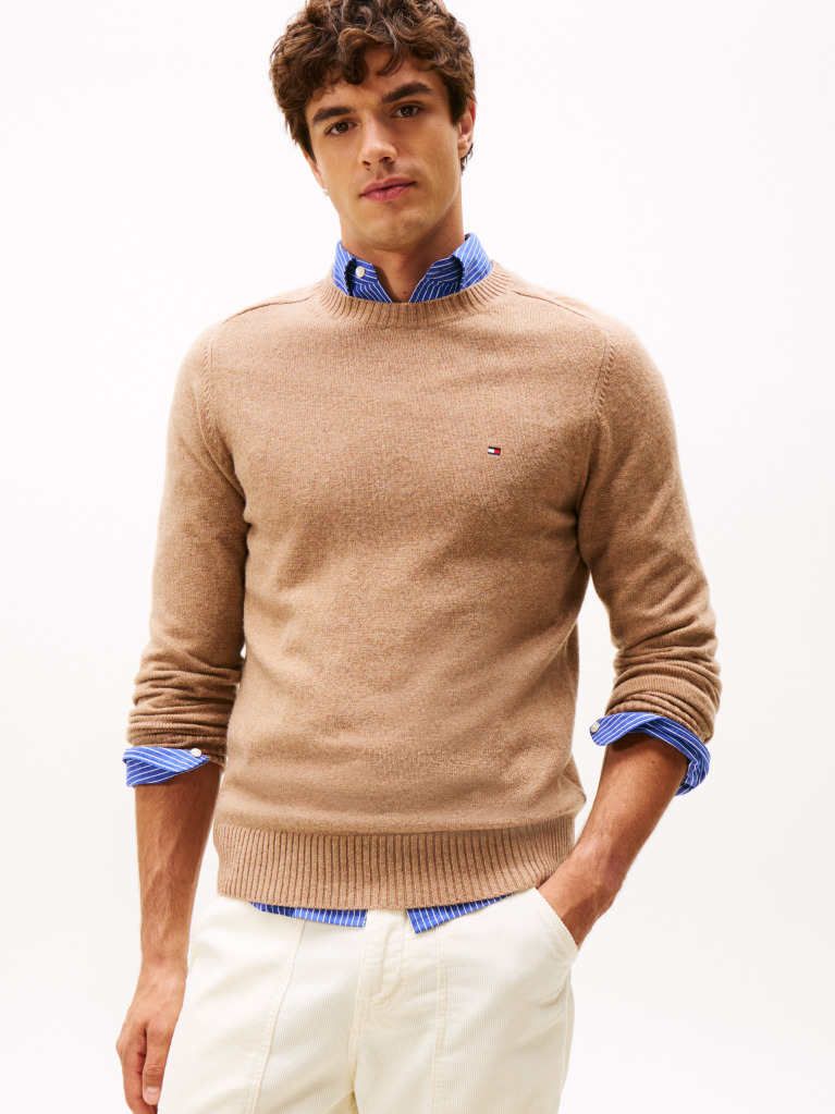 Brown Pure Lambswool Crew Neck Jumper  Men