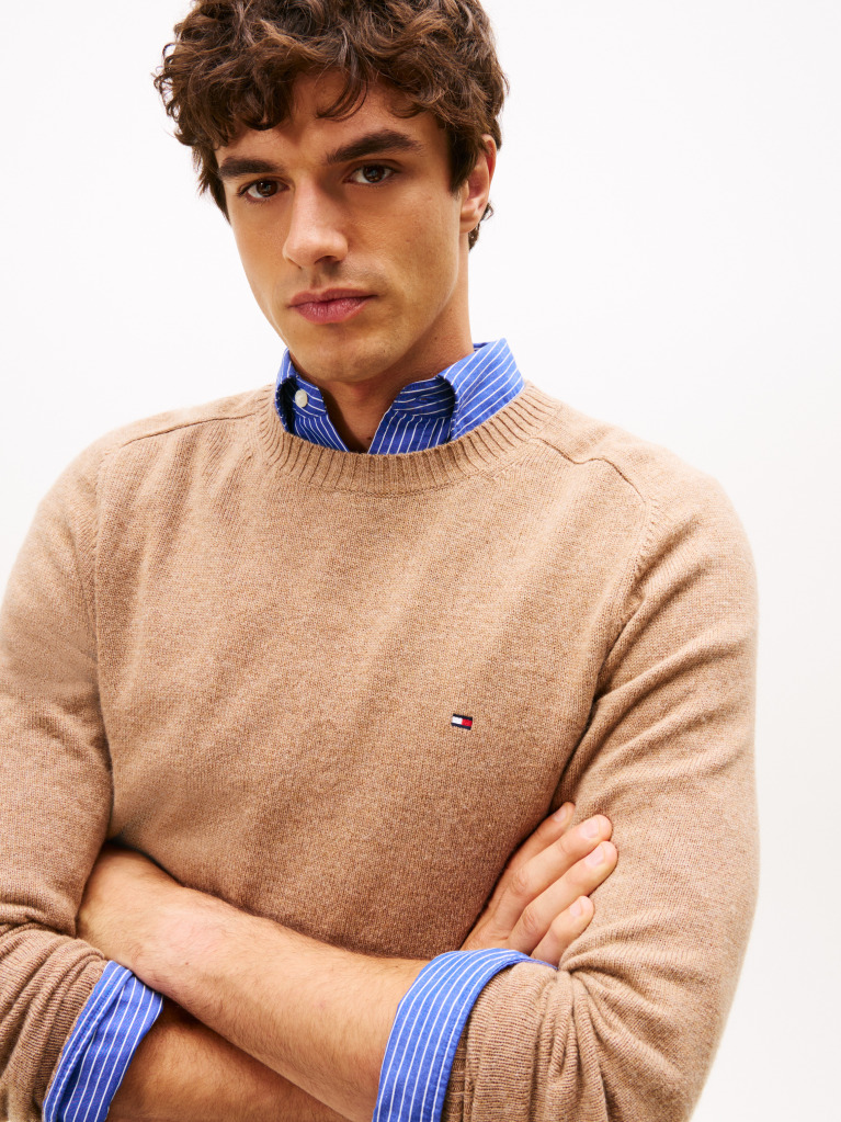Brown Pure Lambswool Crew Neck Jumper  Men