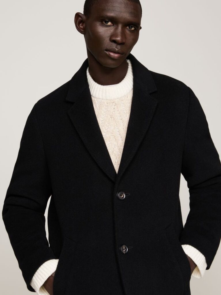 Black Smart Casual Wool Rich Coat  Men