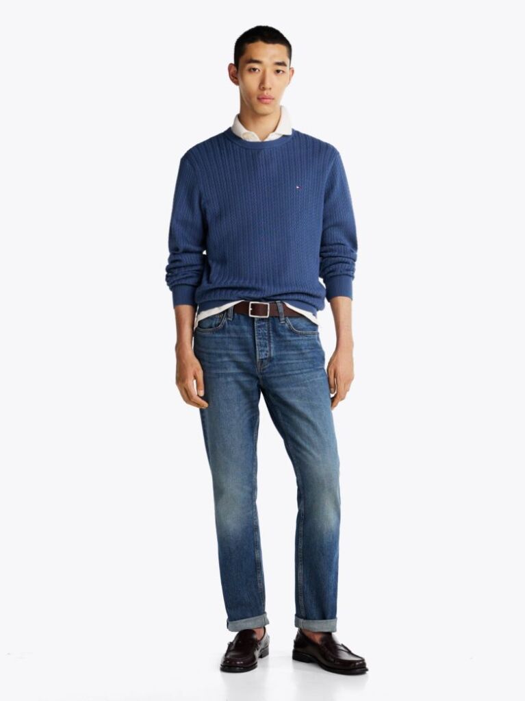 Blue Herringbone Knit Crew Neck Jumper  Men