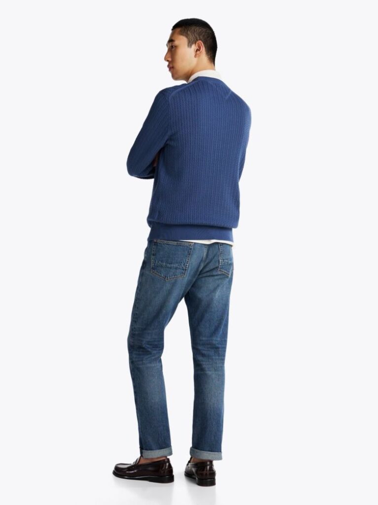 Blue Herringbone Knit Crew Neck Jumper  Men