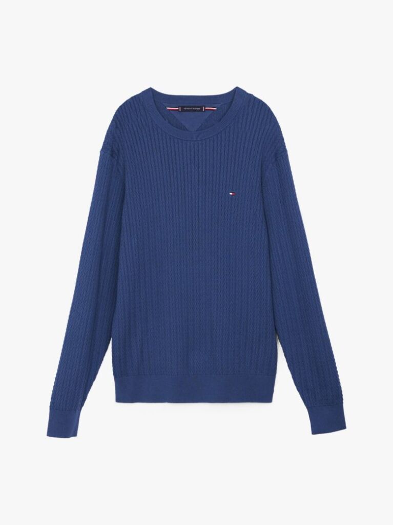 Blue Herringbone Knit Crew Neck Jumper  Men