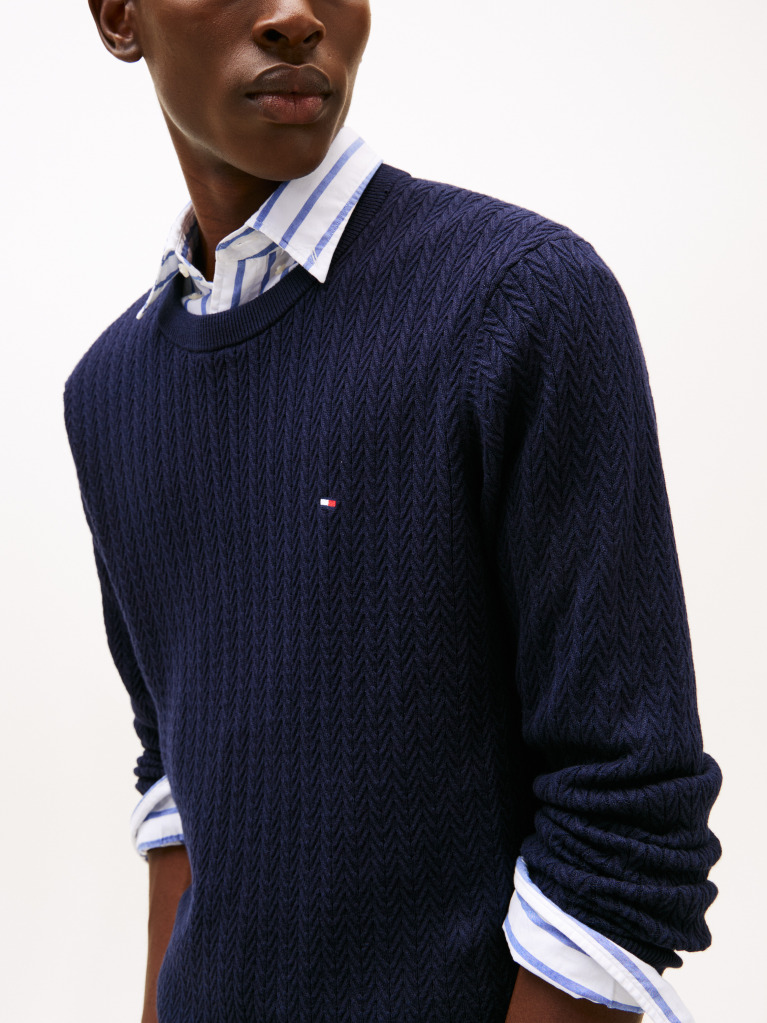 Blue Herringbone Knit Crew Neck Jumper  Men