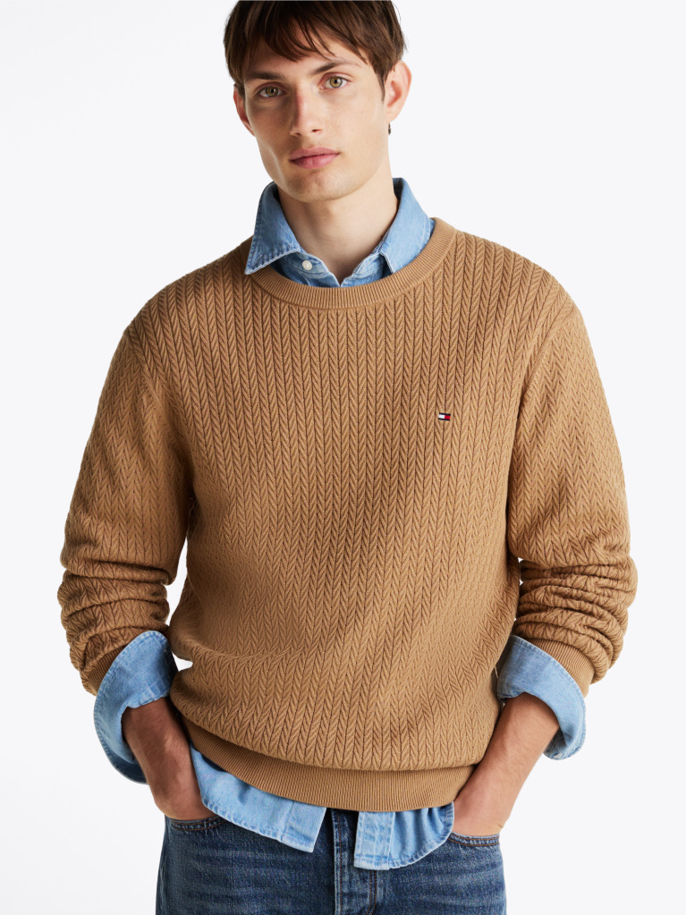 Brown Herringbone Knit Crew Neck Jumper  Men
