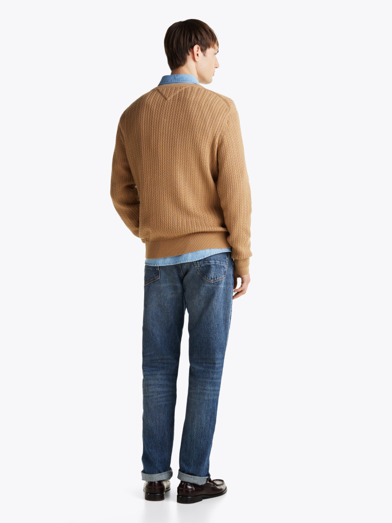 Brown Herringbone Knit Crew Neck Jumper  Men