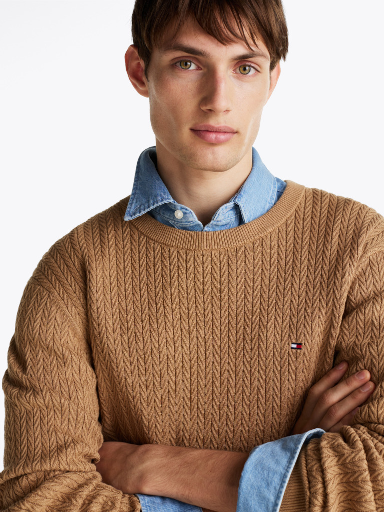 Brown Herringbone Knit Crew Neck Jumper  Men