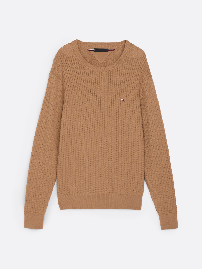 Brown Herringbone Knit Crew Neck Jumper  Men