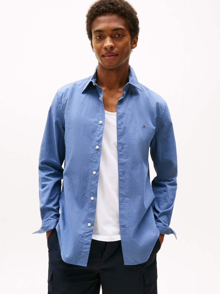 Blue Camasa Din Poplin Flex Cu Mini Print  Barbati