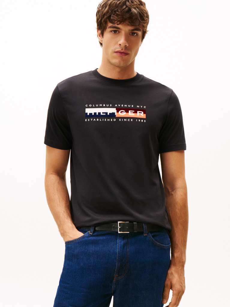 Negru Tricou Cu Guler Rotund Si Logo  Barbati