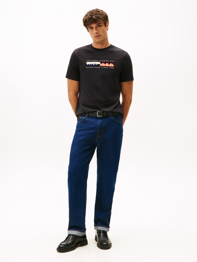 Negru Tricou Cu Guler Rotund Si Logo  Barbati