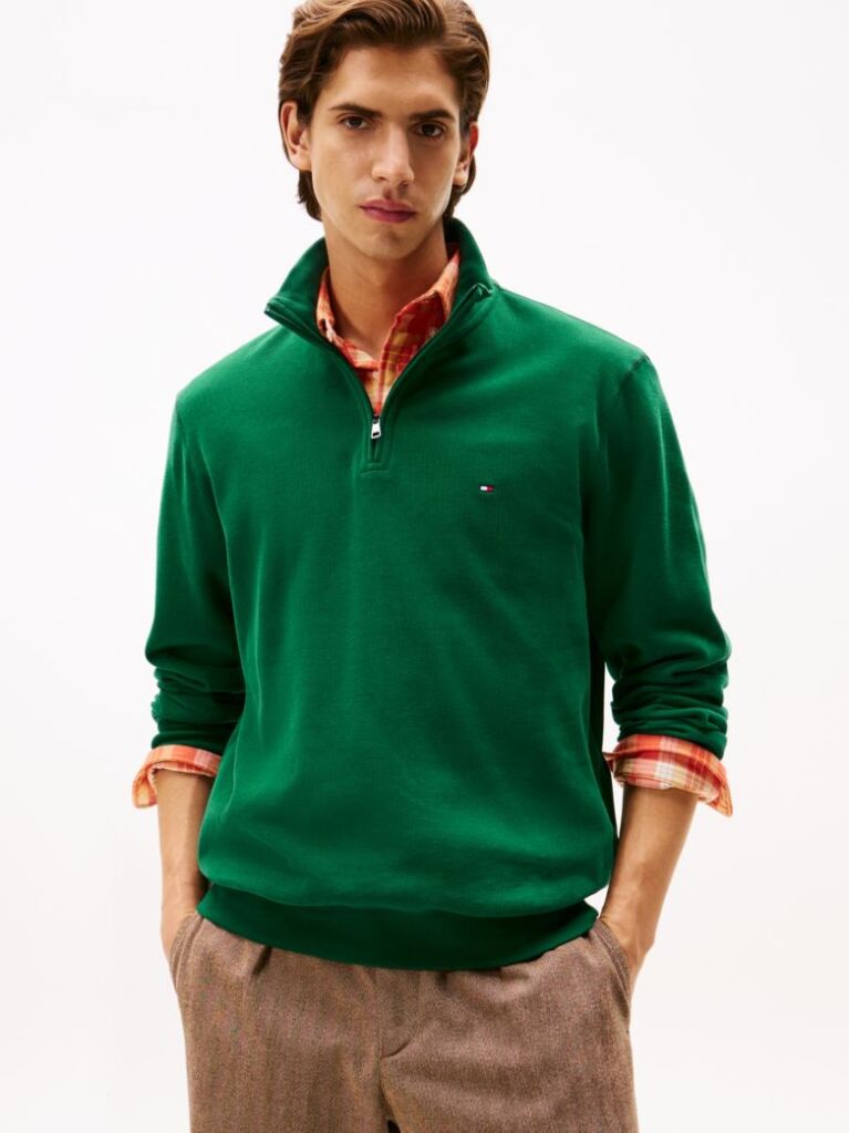 Green Ribbed French Terry Quarter-Zip Jumper  Men