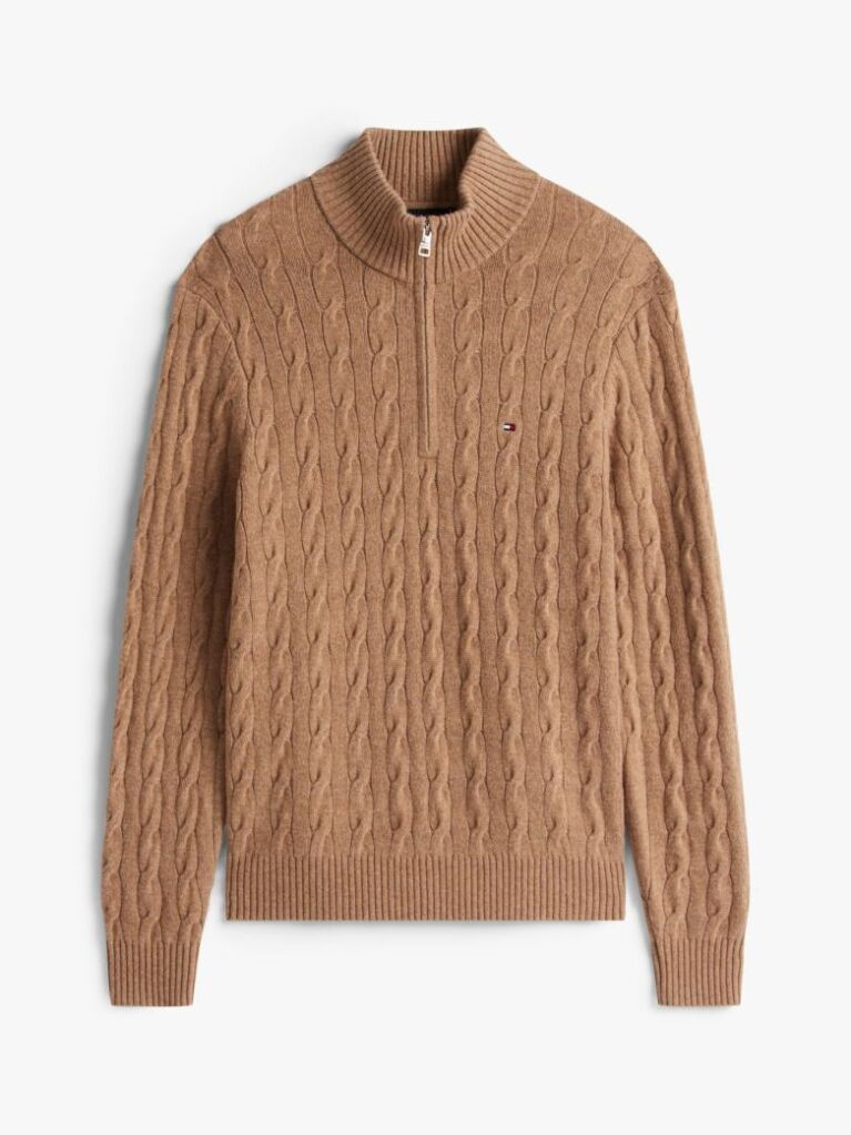 Brown Pure Lambswool Cable Knit Quarter-Zip Jumper  Men