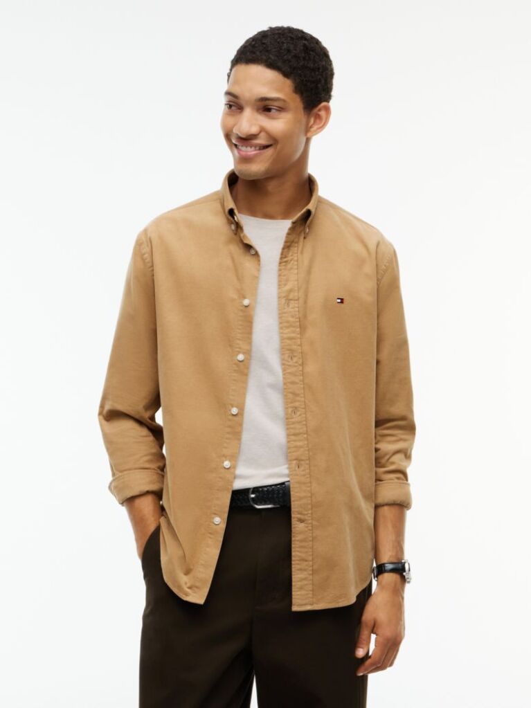 Beige Regular Fit Flag Embroidery Corduroy Shirt  Men
