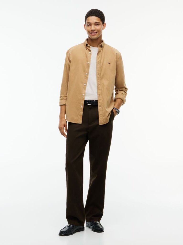 Beige Regular Fit Flag Embroidery Corduroy Shirt  Men