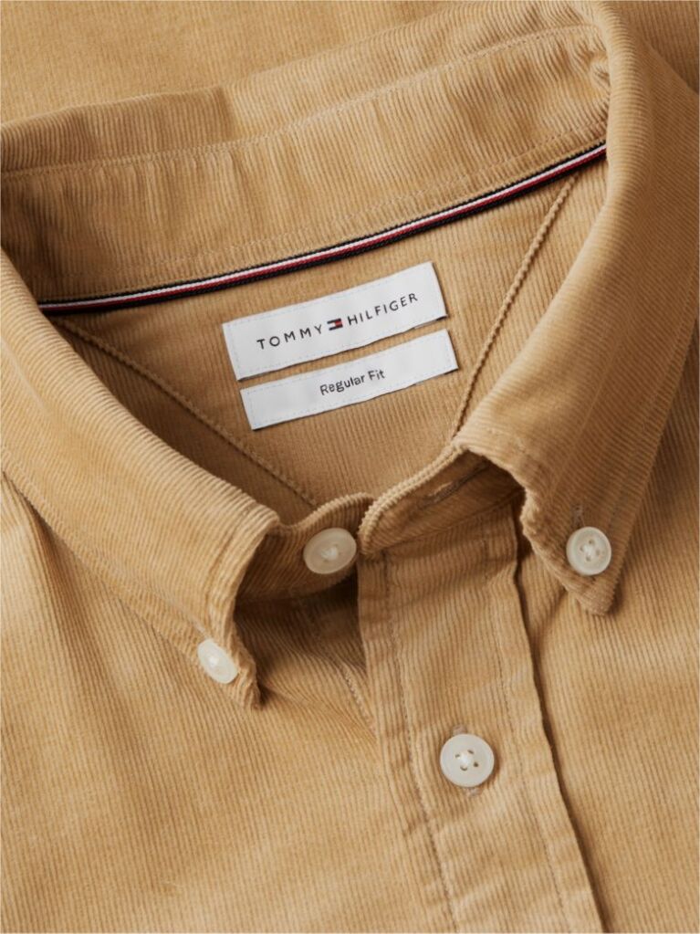 Beige Regular Fit Flag Embroidery Corduroy Shirt  Men
