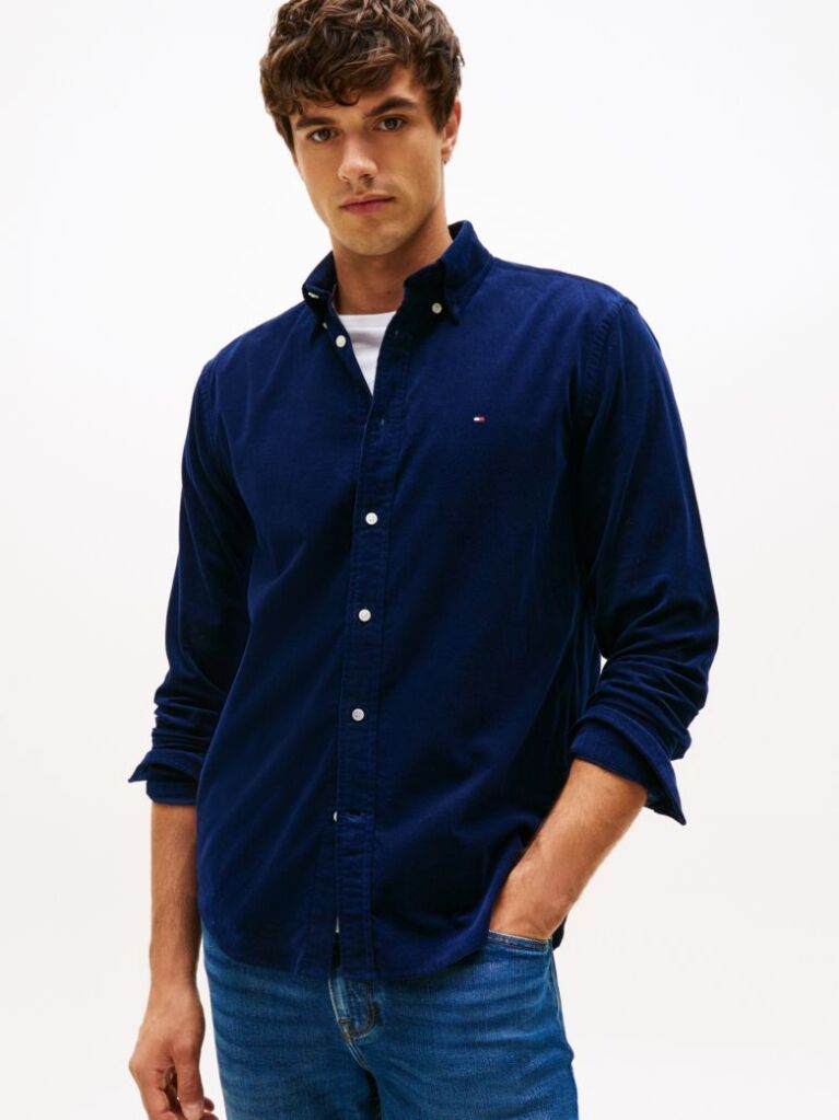 Blue Camasa Regular Corduroy Cu Broderie Flag  Barbati
