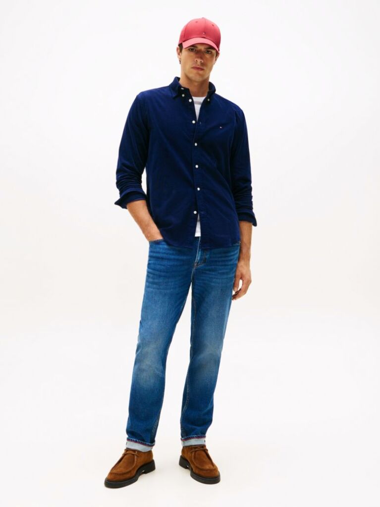 Blue Camasa Regular Corduroy Cu Broderie Flag  Barbati