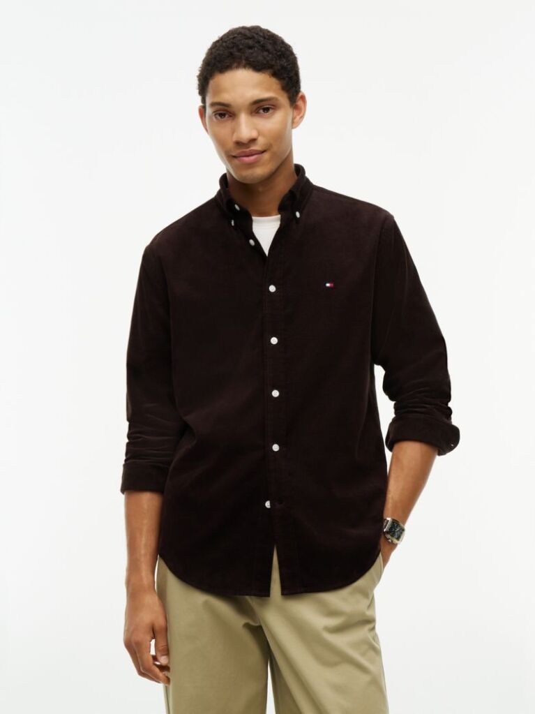 Brown Regular Fit Flag Embroidery Corduroy Shirt  Men
