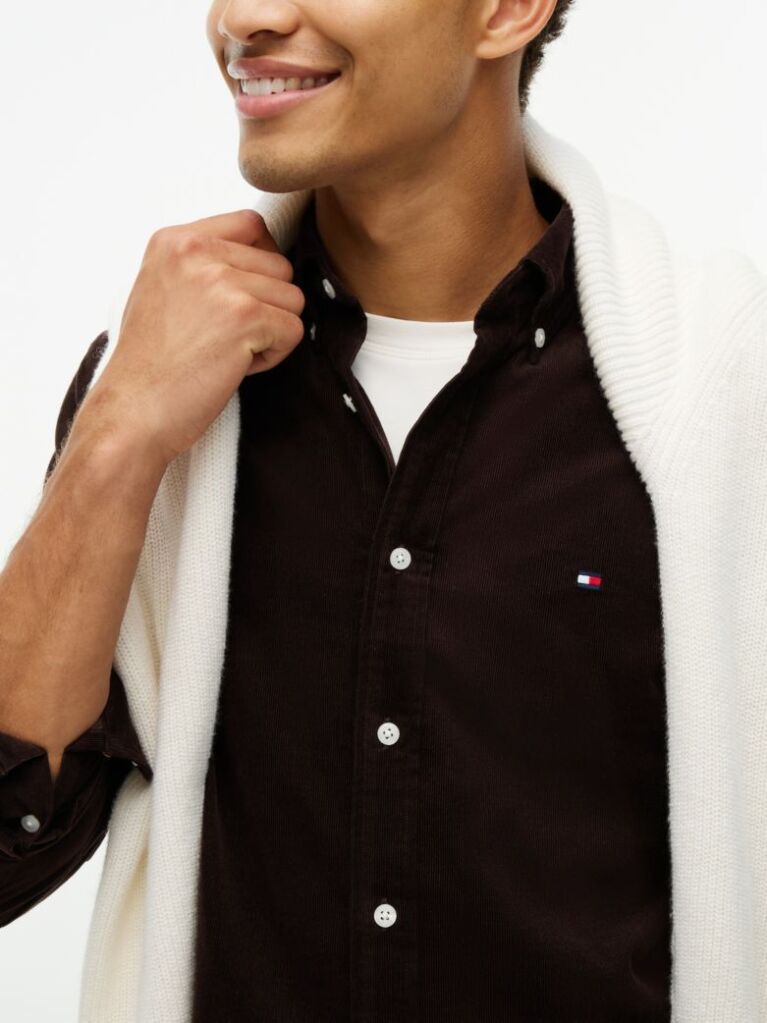 Brown Regular Fit Flag Embroidery Corduroy Shirt  Men