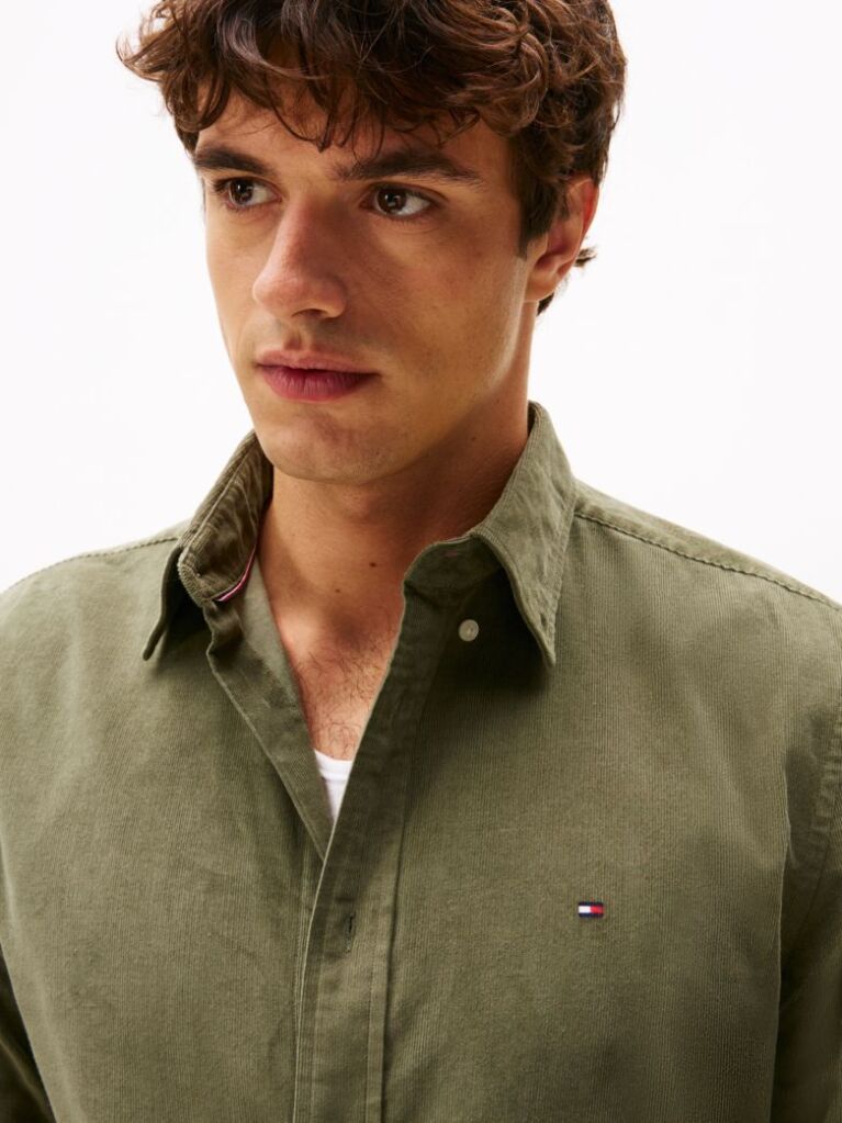 Verde Camasa Regular Corduroy Cu Broderie Flag  Barbati