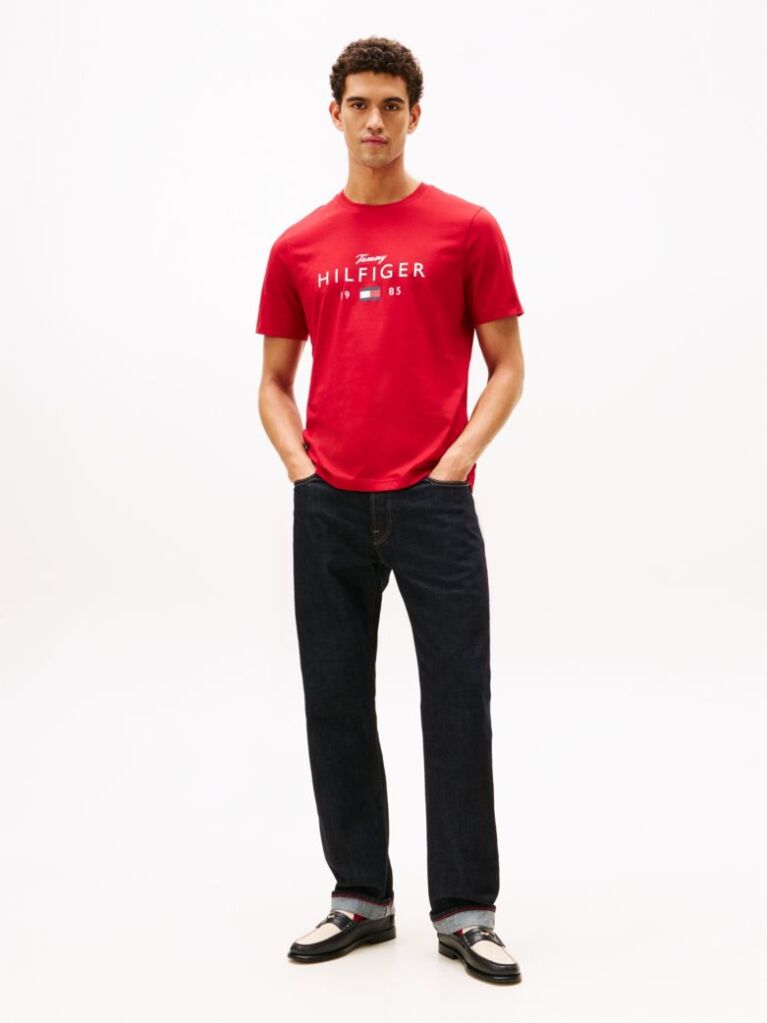 Rosu T-Shirt Cu Guler Rotund Si Logo Grafic  Barbati